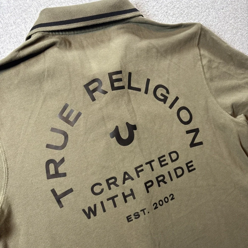 True Religion Men's Polo Shirt Green Sz S Shirt Sleeve Large Back Print Preppy